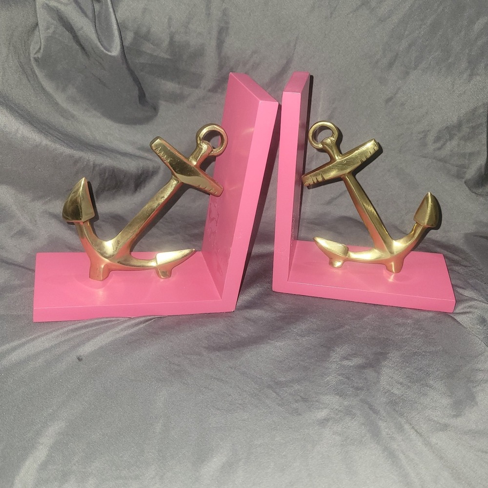 Pink Anchor Bookends Gold Brass Metal Set Threshold Girls Bedroom Nautical Wood